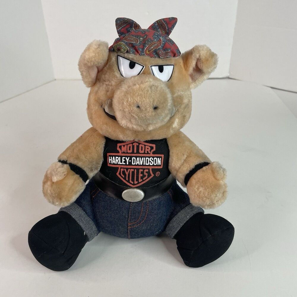 Vintage Harley Davidson Plush Toy Stuffed Hog Biker Pig, Overalls, Logo